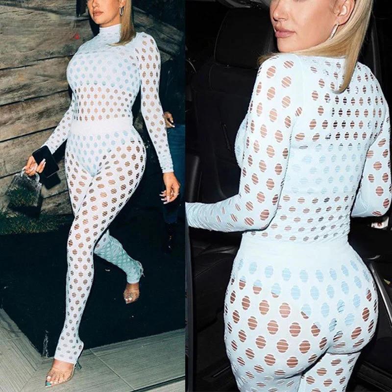 New Casual See Through Matching Sets 2 Piece Set Sexy Hollow Out Outfit Women Hole Long Sleeve Tops and Leggings Clubwear Femme