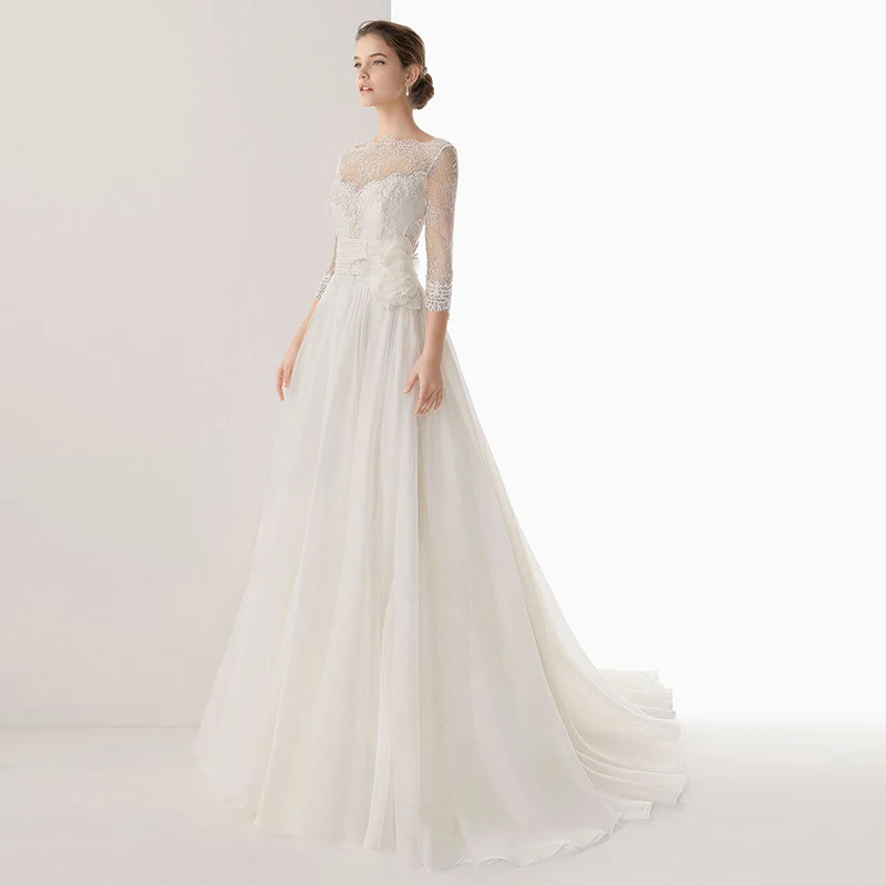 Платье Свадебное ТРАПЕЦИЕВИДНОЕ с длинным рукавом вырезом лодочкой и кружевной