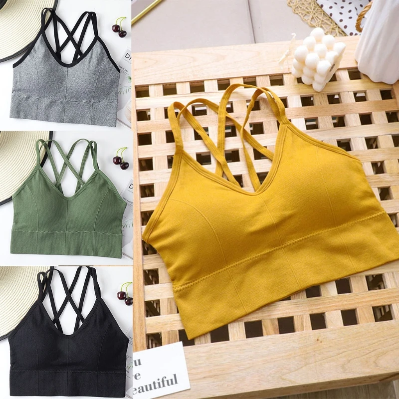 

Women Padded Camisole Sports Bra Cross Back Straps Shockproof Fitness Bralette Workout Yoga Vest Gym Running Crop Tops