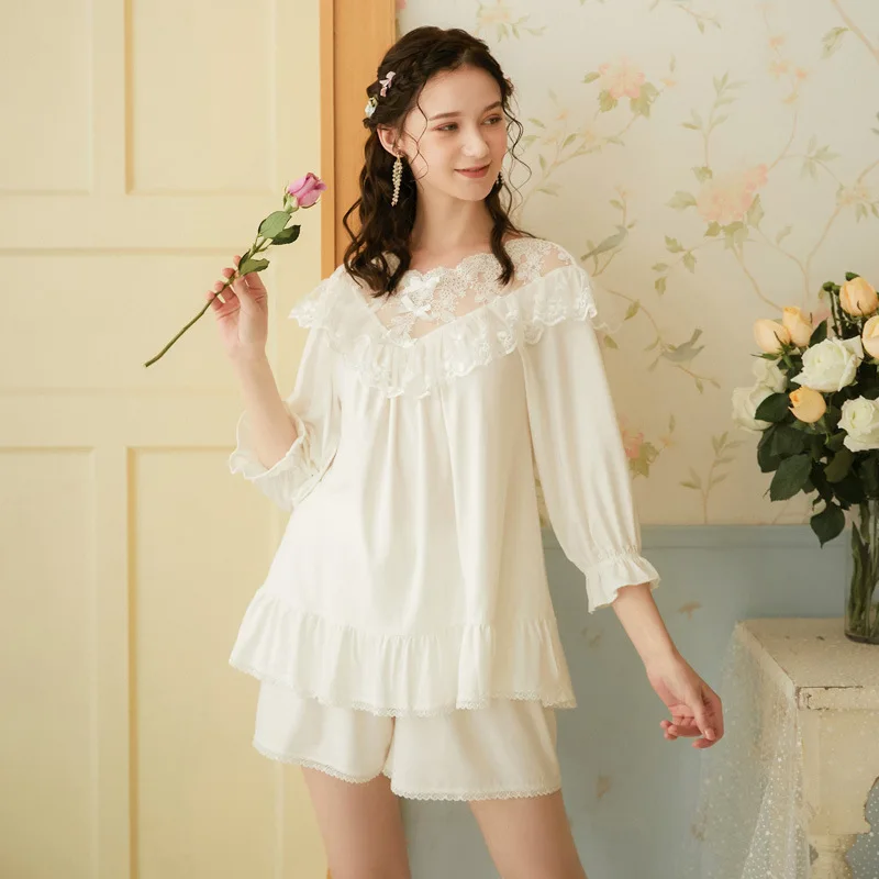 

Wasteheart White Sexy Women Sleep Nightwear Suits Night Lace Bow Pajama Sets Sleepwear 2 Pieces Backless Shorts Homewear