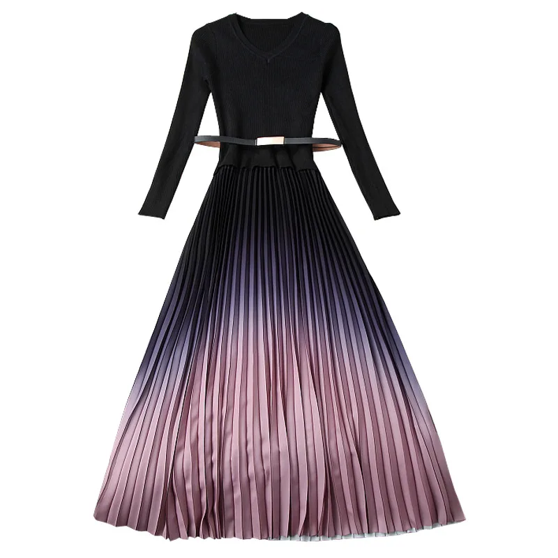 New Long Gradient Knitted Pullover Patchwork Pleated Dress Women Fake Two Pieces Full Sleeve V-Neck Party | Женская одежда