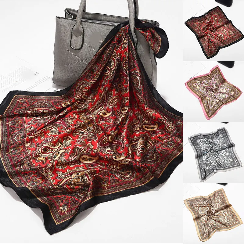 

Square Satin Faux Silk Scarf Bohemian Retro Paisley Ladies Scarves Indian Muslim Islamic Kerchief Cashew Print Bandana Scarf