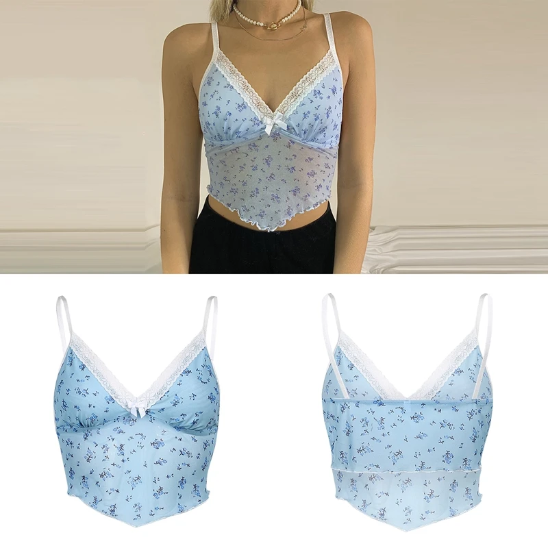 

European and American Halter Sexy Lace Stitching Mesh V-Neck Sling Female Floral Vest Blue