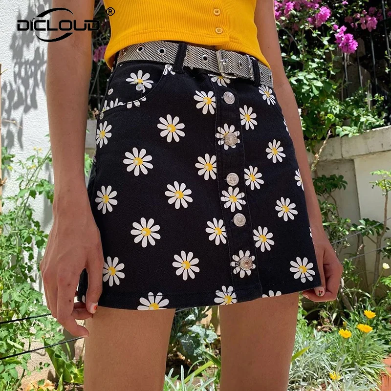 Модная черная мини юбка в стиле Харадзюку для девочек с принтом маргариток