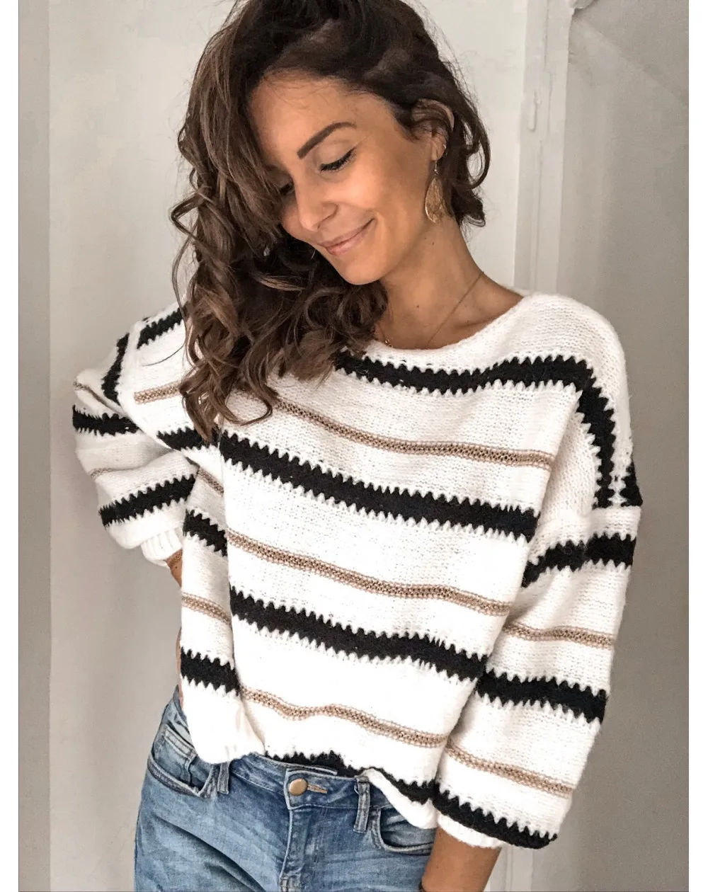 

Oversize Fashion Women Stripe Sweaters Patchwork Color Long Sleeve Female Jumper Casual Knitted Pullover Gril Clothes Outerwear