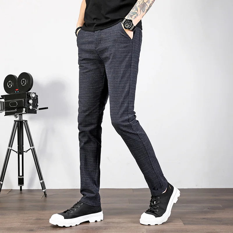 Деловые повседневные мужские брюки хлопковые прямые в клетку облегающие модные