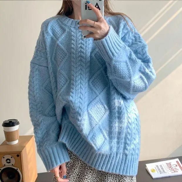 

2021 New Spring Autumn Women Twist Sweater Warm Tops Female Solid Color Loose Jumpers Ladies O-neck Knitted Pullover Tops P345