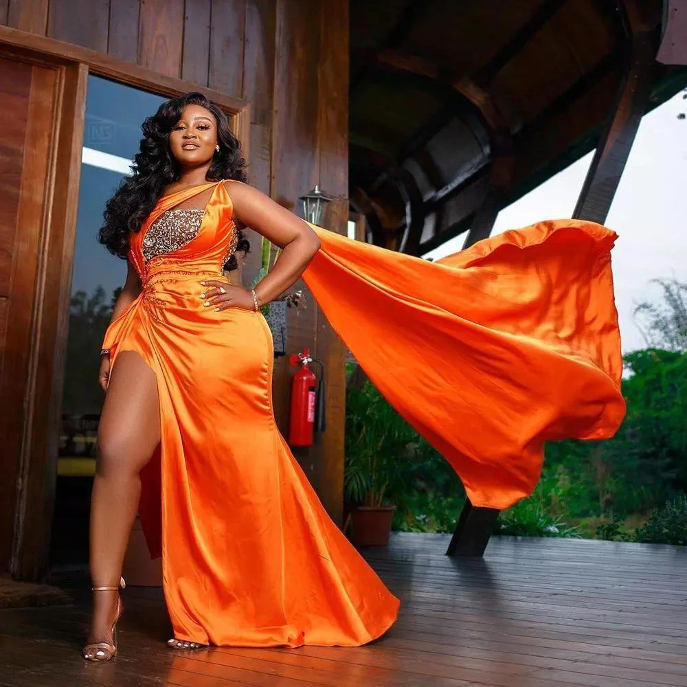 

Оранжевые элегантные вечерние платья-русалки на одно плечо с аппликацией, женское платье с высоким разрезом, вечерние платья для выпускного вечера, индивидуальный пошив
