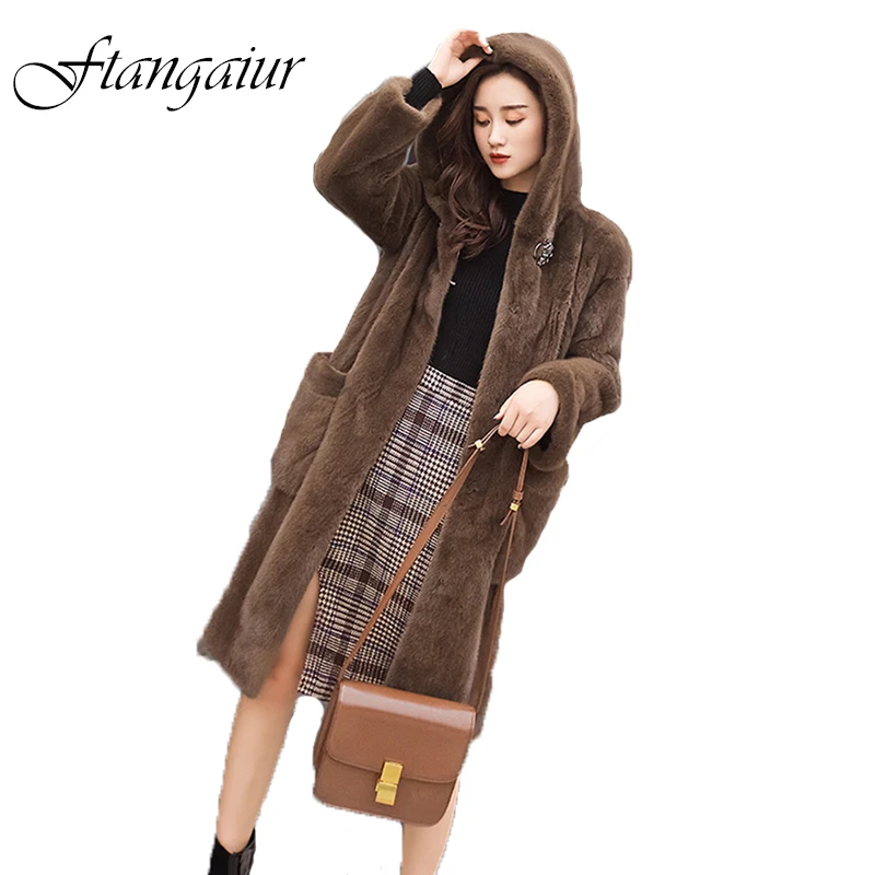 

Ftangaiur New Winter Import Crown Velvet Mink Fur Coat Women With Hood Big Pockets Loss X-Long Natural Real Mink Fur Coats