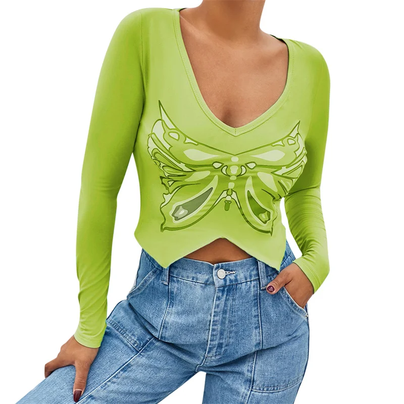 

Women Butterfly Print Crop Tops Female Sexy Long Sleeve V-Neck Irregular Hem T-Shirts
