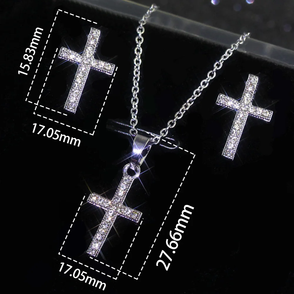 

Exquisite Silver Plated Cross Pendant Necklace Earrings White Zircon Bridal Jewelry Set Women Hip Hop Jewelry Lover's Gifts