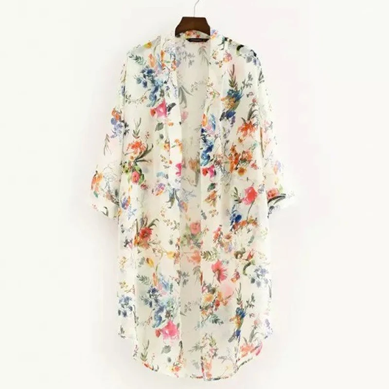 

Women Casual Vintage Kimono Cardigan Ladies 2021 Summer Long Crochet Chiffon Kimono Beige Loose Flora Printed Blouse Tops