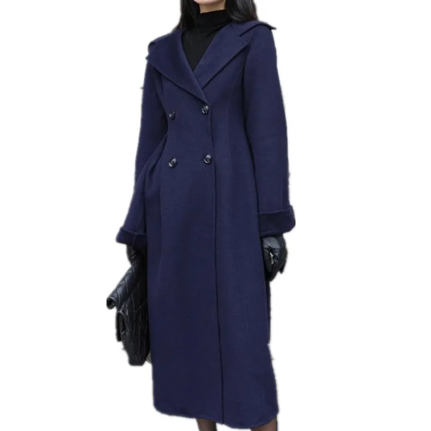 

New arrival winter vintage double faced wool blends x-long overcoat women slim double breasted high waist warm outwear