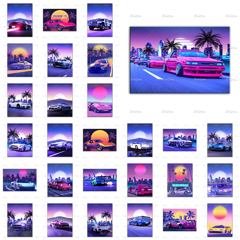 

Автомобиль Synthwave Nissan художественный плакат закат Вождение спортивный автомобиль Картина гостиная Декор Canva скандинавский настенный художе...