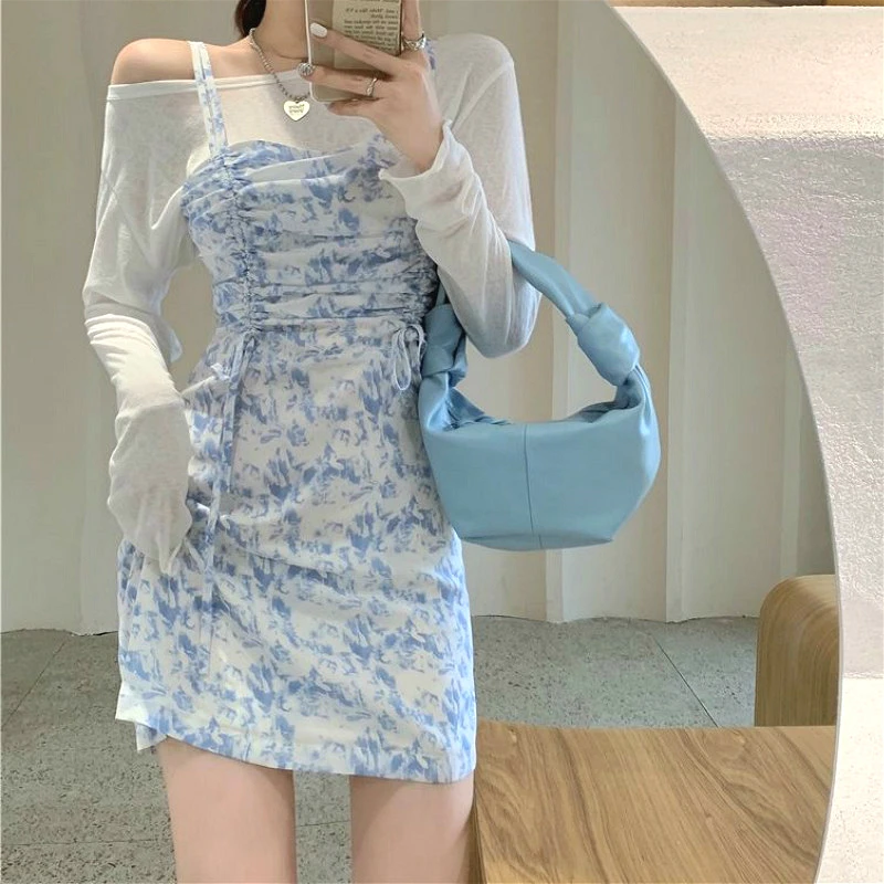 

French Elegant Mini Dress Women Chic Slim Slash Neck Long Sleeve Spaghetti Strap Floral Dress Korean 2021 Summer Women Clothing