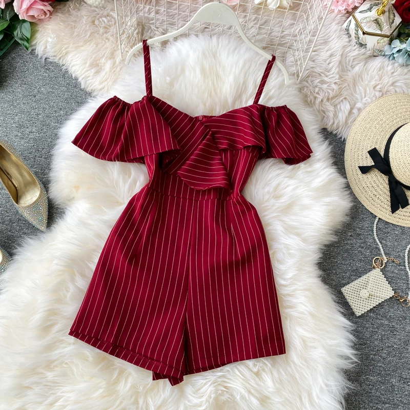 Женский комбинезон в полоску повседневный свободный пикантный без бретелек с