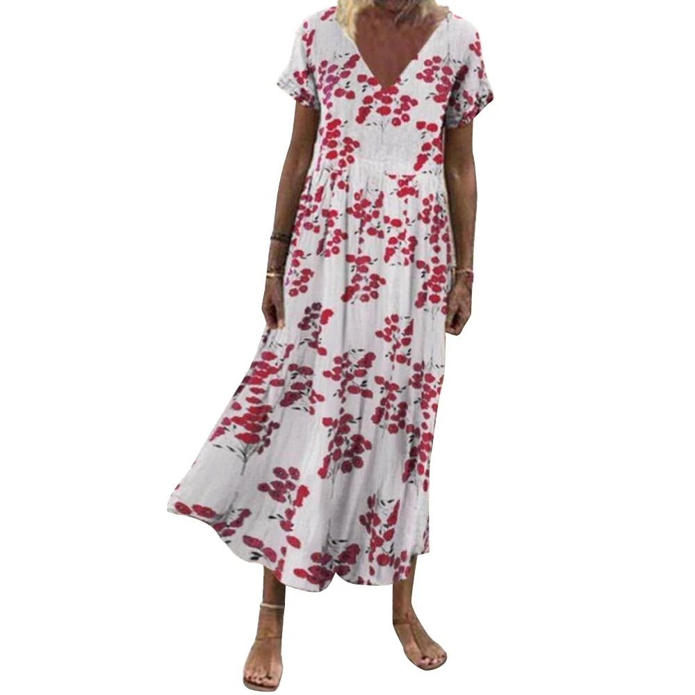

Printed Loose Dress Women Short Sleeve Floral Long V Neck Shirt-Dress Ladies Summer Sundress