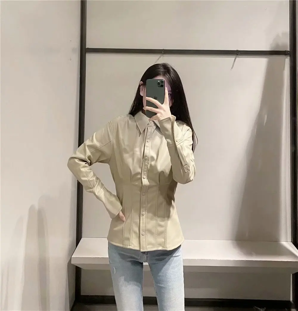 

New Women's Fashion Waist Faux Leather Nipped Waists Long Sleeve Coat 2020 Popular Lady Slim Elegant Shirt Solid Color Autumn