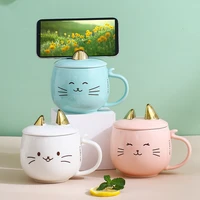 cat mug mobile phone holder mugs with lid and spoon creative couple breakfast bottle home drinking cups ceramic coffee cup