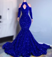 new arrival real photos sparkly royal blue mermaid prom dresses sexy sequin african girl high neck long sleeves evening gowns