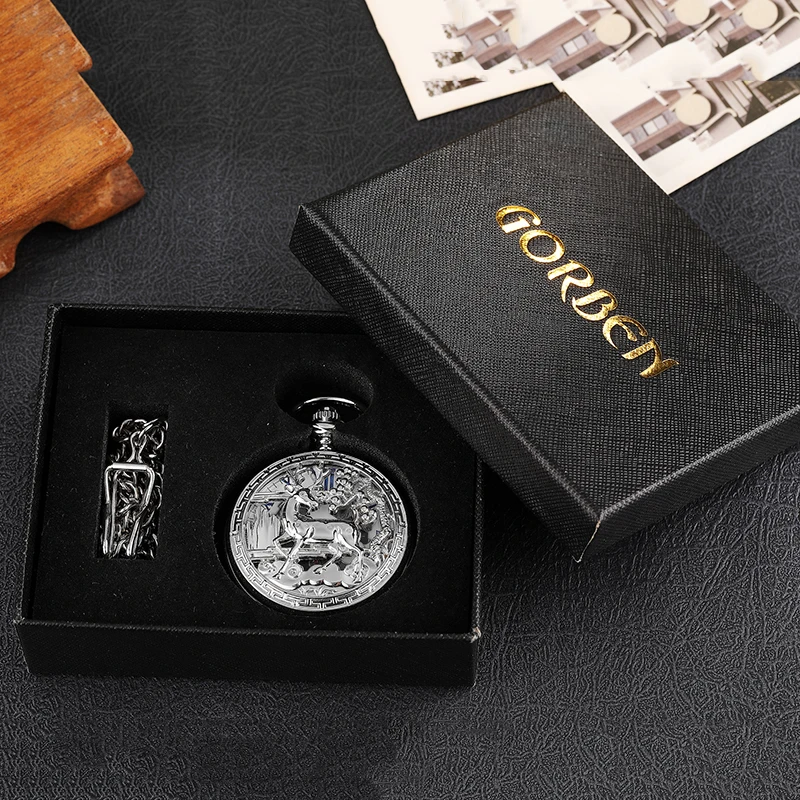 Deer Pattern Mechanical Pocket Watch Skeleton Vintage Antique Sliver Hollow Animal Engraved Male Fob Chain Clock for Men Women