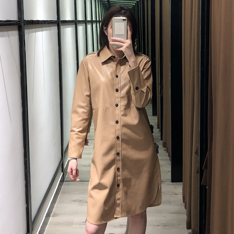 Хаки рубашка из полиуретана платье для женщин с длинным рукавом однобортное