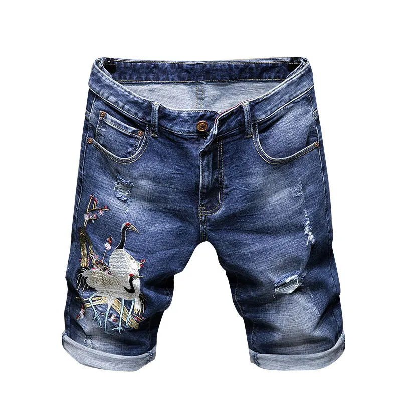 

New Men's male fashion casual crane embroidered ripped shorts Summer slim straight holes distressed stretch denim jeans