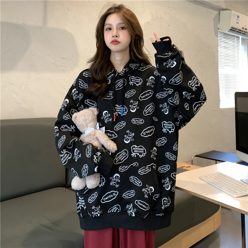 

2021 autumn long-sleeved sweatshirt personalized bottoming round neck printing women's all-match retro hooded hoodie