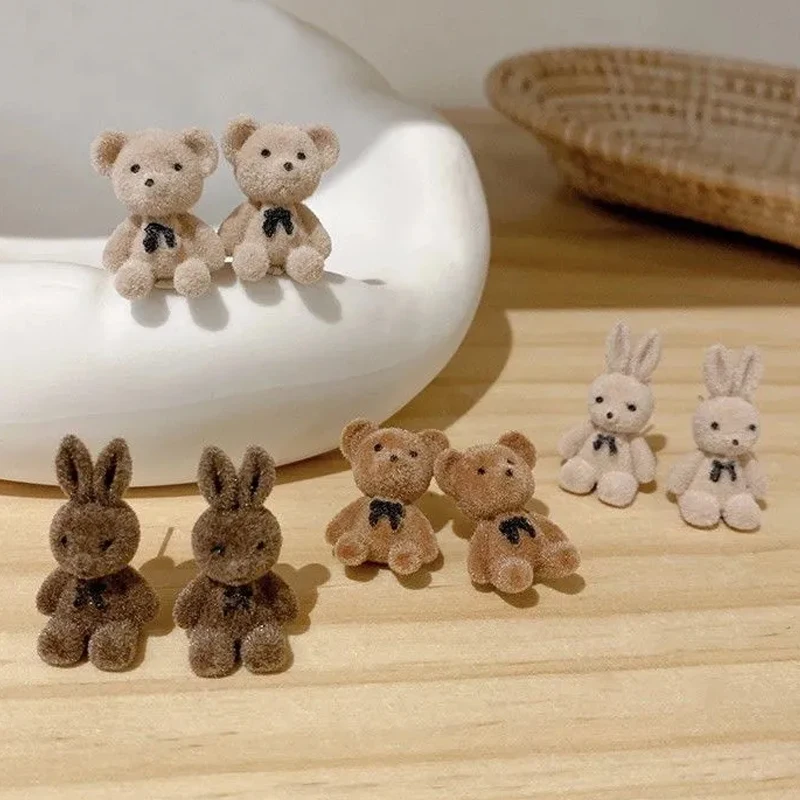 

1Pair Small Plush Bear Ear Stud Earrings Cute Rabbit Flocking Animal Earrings for Women Girls Ear Studs Brincos Jewelry Gifts