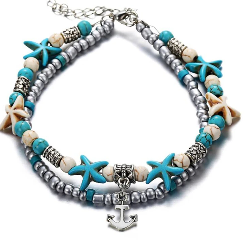 Винтажные женские ножные браслеты с бусинами в виде ракушек и морской звезды