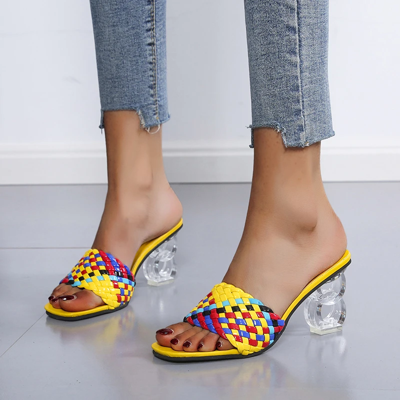 

Women High Heels Transparent Slides Mules Fetish Pumps Individual Weave Leisure Blue Office Ladies Prom Slippers Women's Shoes
