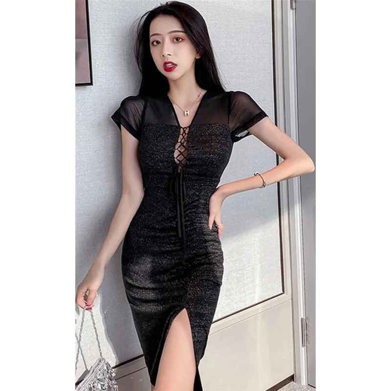 

Real shot 2020 new fashion ladies mesh gauze stitching chest straps in the long Slim party sexy dress