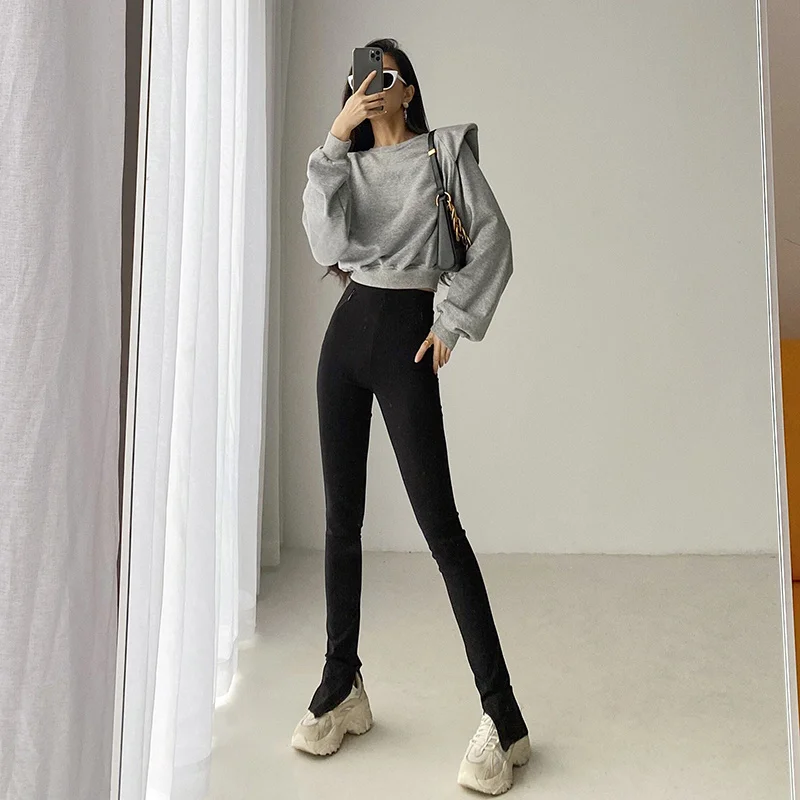 

WOMENGAGA Autumn Pullover Short O-Neck Sweatshirts Women Long Sleeve High Waist Soild Color Loose Top Female OPGE