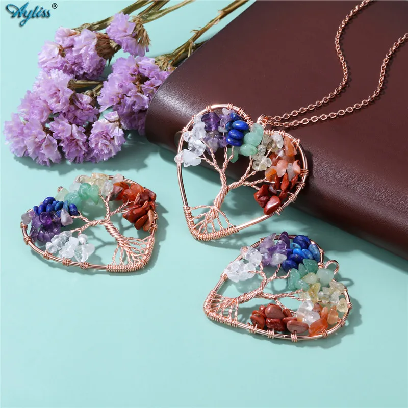 Ayliss ручной работы ожерелья с деревом жизни сердцем чакры камни чип бусины