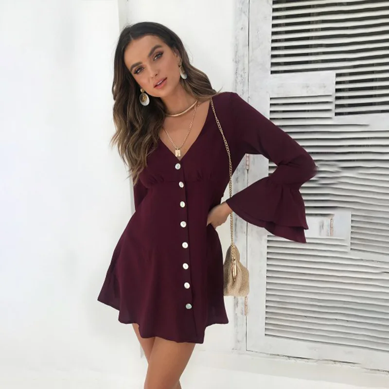 Cute sweet beauty dress hot fashion long sleeve V-neck retro style girl casual loose mini button shirt | Женская одежда