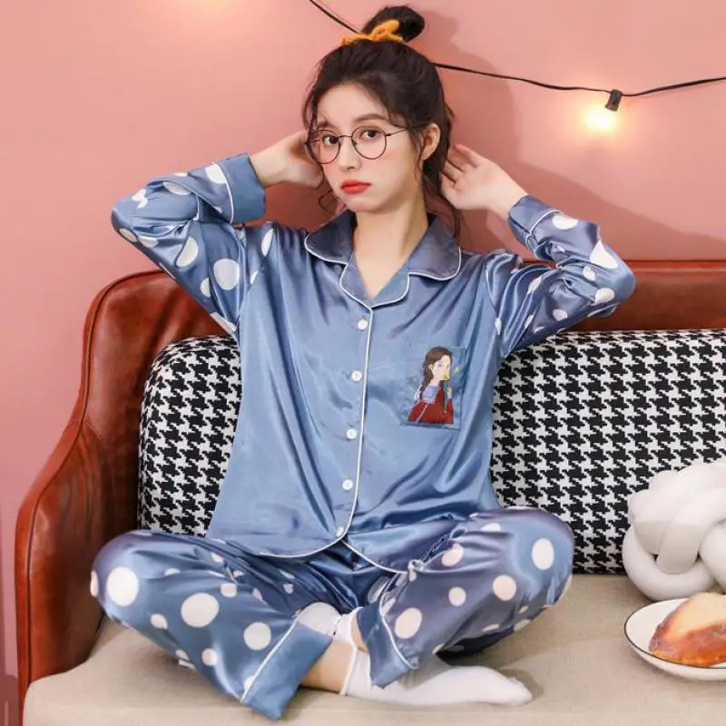 

Print Cartoon Women Lounge Wear Autumn New Satin Pajamas Set Two Piece Shirt&Pants Casual Sleepwear Home Clothes Soft Lingerie