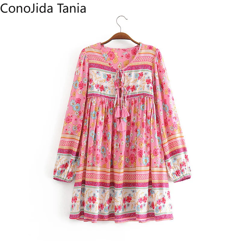 

European and American Women's New Holiday Style Short Tassel Positioning Printing Loose Dress