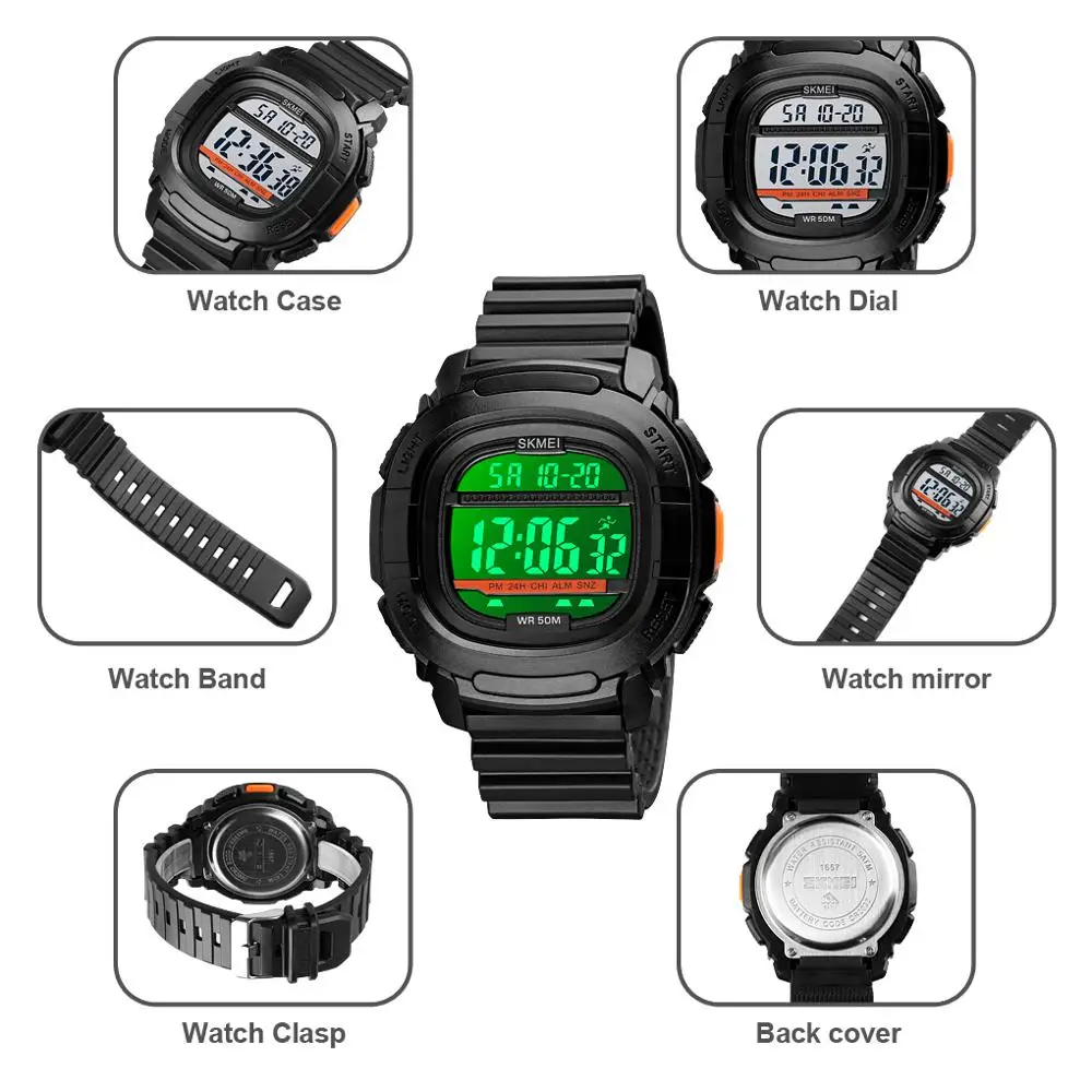 SKMEI светодиодный Дисплей цифровые военные спортивные часы с секундомером Для