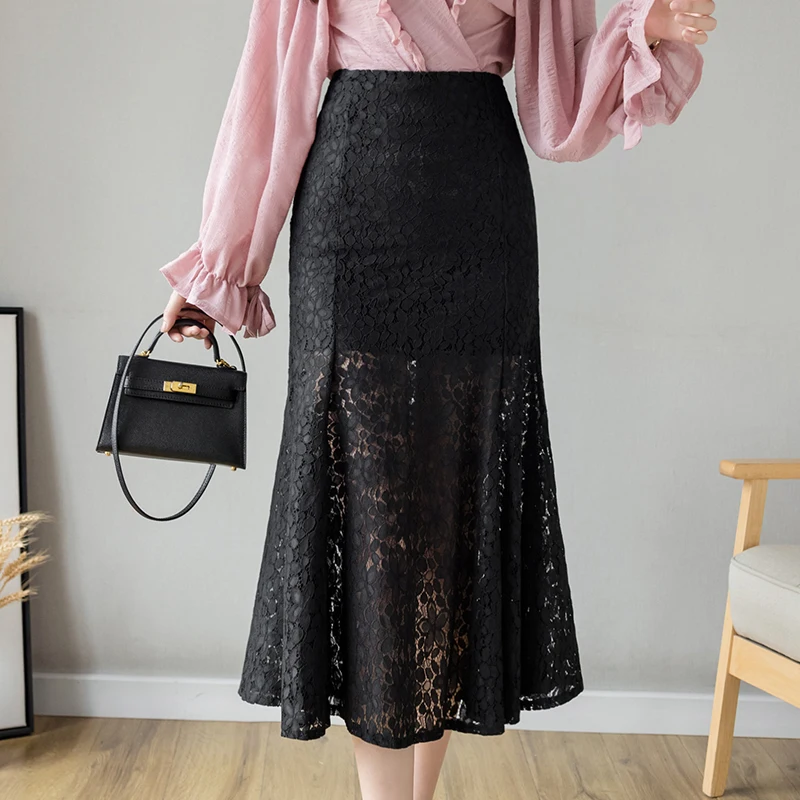 

Korean Fashion Lace Woman Skirts High Waist Midi Skirt Black Office Lady Pencil Skirt Streetwear Women Skirt Mujer Faldas