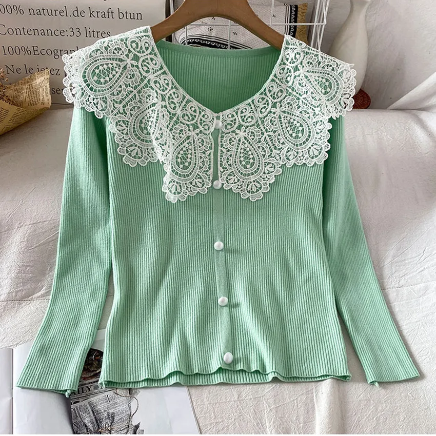 

Korean Fashion Sweet Lace Neck Knitted T Shirt Women Long Sleeve Slim Knit Pullover Cute Designer Tee Shirt Femme