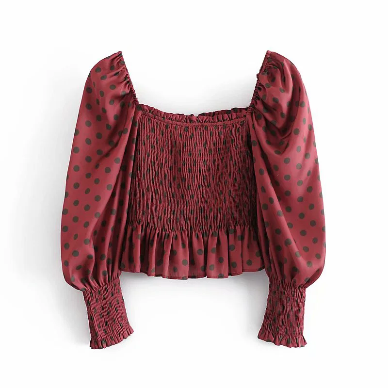 

Summer women casual polka dot print square neck ruffled decorative T-shirt
