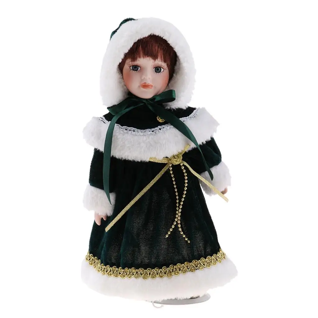 Фото 12-дюймовая викторианская фарфоровая кукла с подставкой фигурки людей в зеленом