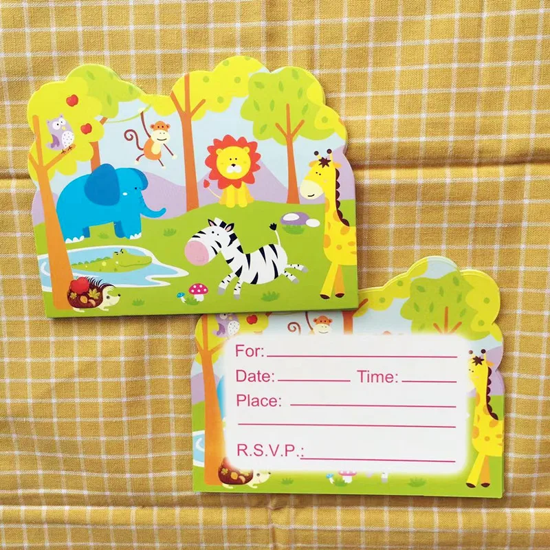 12pcs cards 12 детей красочные милые Джунгли животных тематический набор посуды День Рождения украшения для детей мальчиков девочек день рождения подарок - Цвет: 12pcs cards