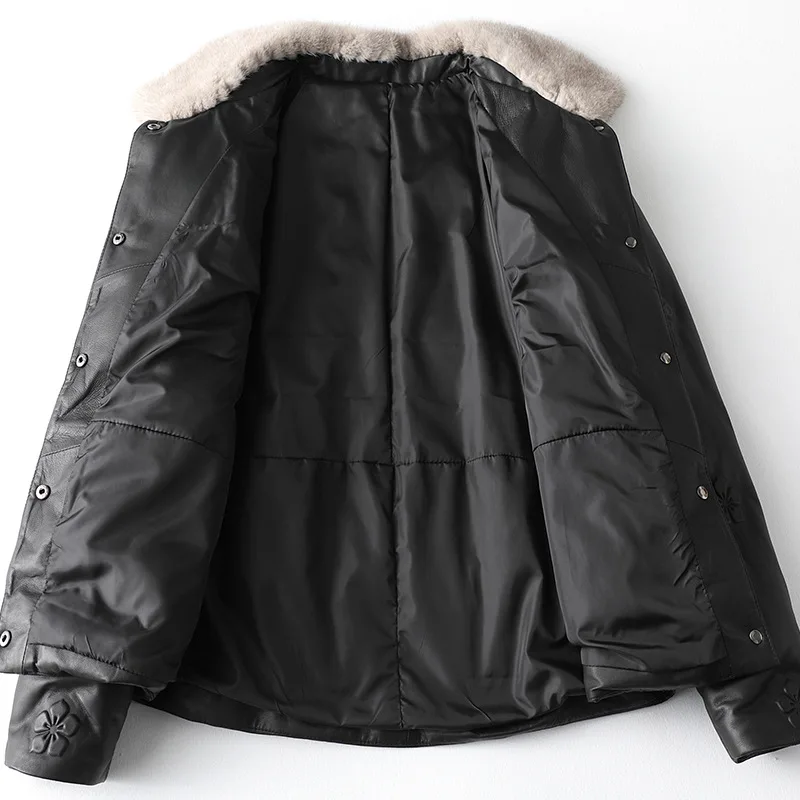 Winter Loose Printing Fashion New Mink Fur Collar Leather Down Jacket Autumn 2021 Women's Classic Sheepskin High-End Black Coat