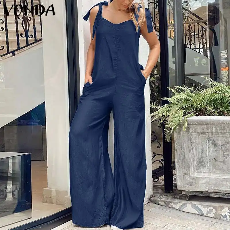 

Long Jumpsuit Casual Denim Wide Leg Overalls VONDA 2021 Summer Sleeveless Playsuits Pantalon Femme Loose Long Rompers S-
