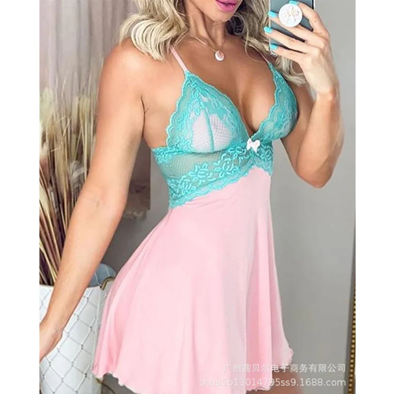 

WEPBEL Women Underwear Set Ladies Sexy Lace Patchwork Bow Knot Strap Mini Dress + Low Waist Brief 2 Piece Set Homewear Nightwear