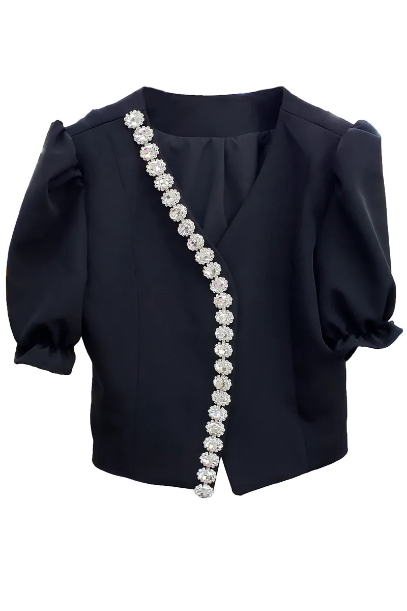 

SuperAen 2021 Autumn New Fashion V-neck Sweet Beaded Design Sense Niche Bubble Sleeve Women's Casual Short Coat Jacket