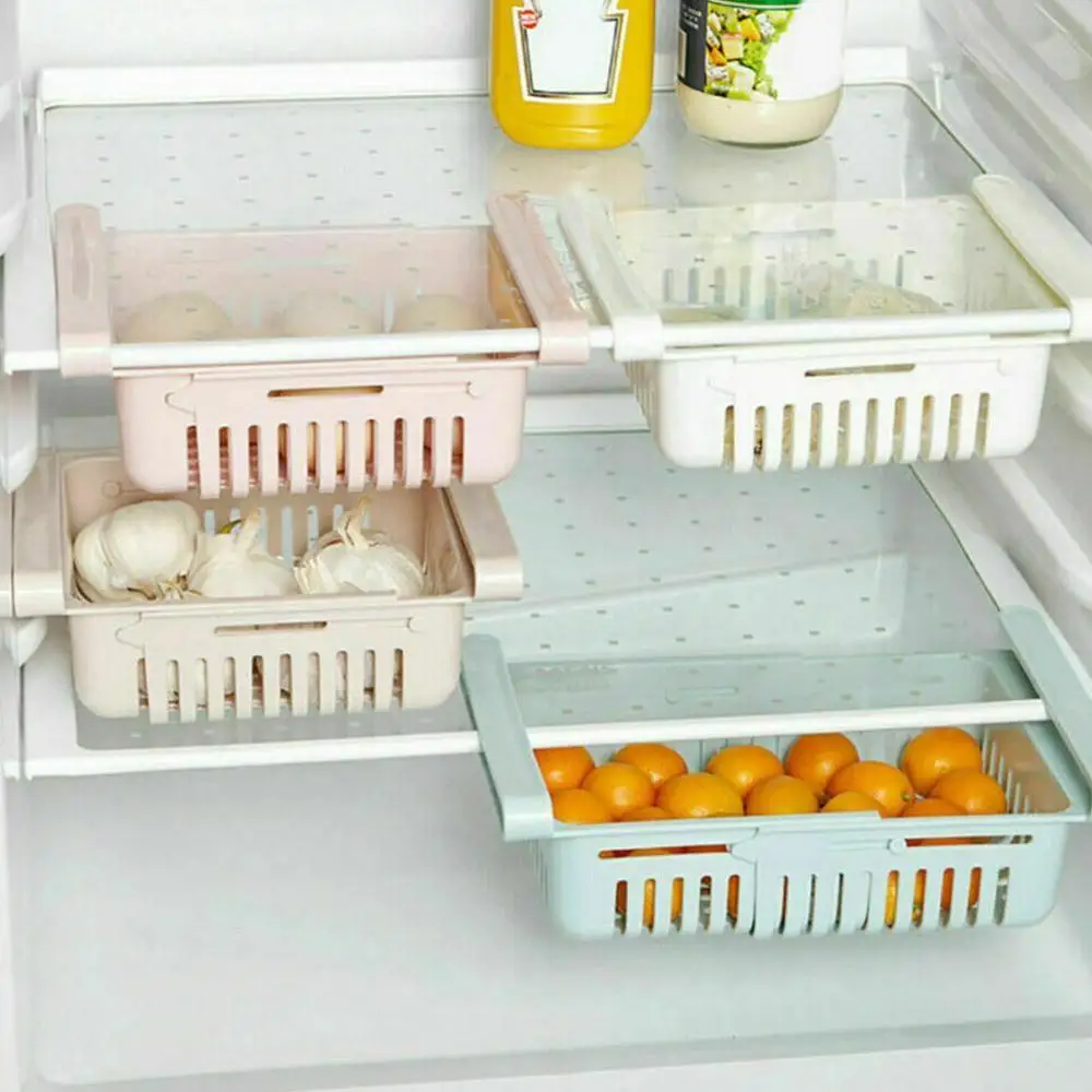 

Household Kitchen Organizer Adjustable Kitchen Refrigerator Storage Saver Fridge Shelf Freezer Rack Space Drawer Pull-out H J0H7