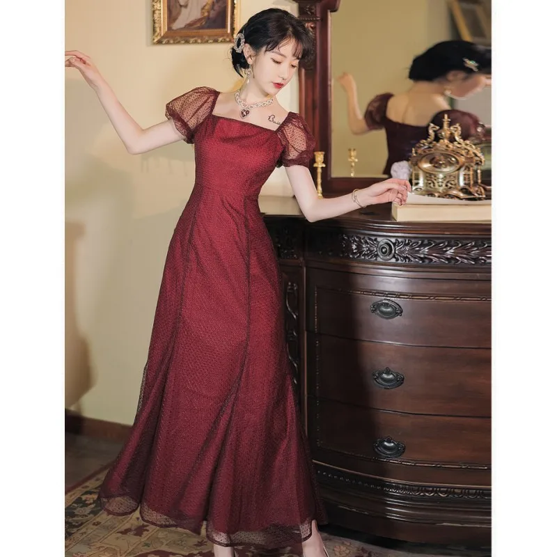 

Women Summer 2021 Square Collar Puff Sleeve Elegant Red Ruffles Mermaid Patchwork Female Vintage Long Party Dresses Vestidos