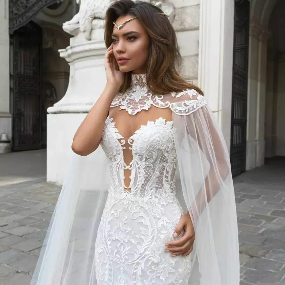 

Gorgeous Mermaid Lace Wedding Dresses With Cape Sheer Plunging Neck Bohemian Wedding Gown Appliqued Plus Size Bridal Vestidos De